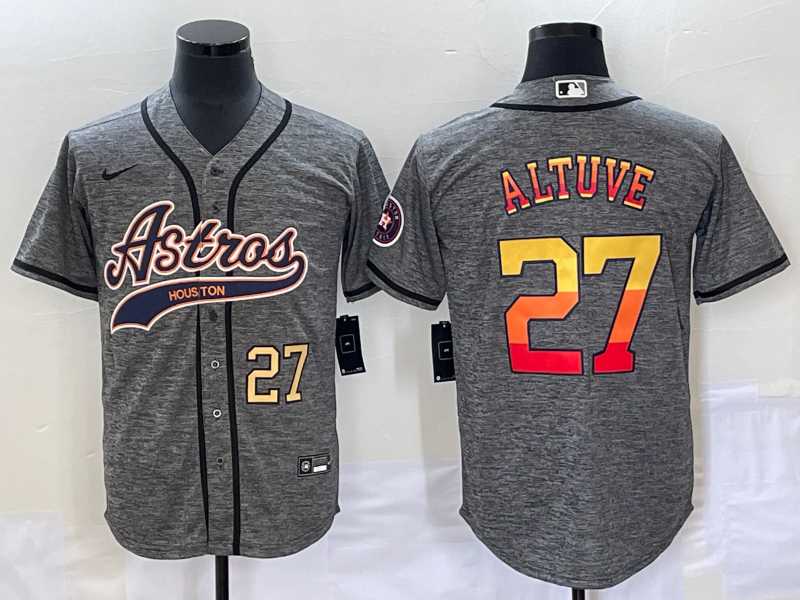 Mens Houston Astros #27 Jose Altuve Number Grey Gridiron Cool Base Stitched Baseball Jersey